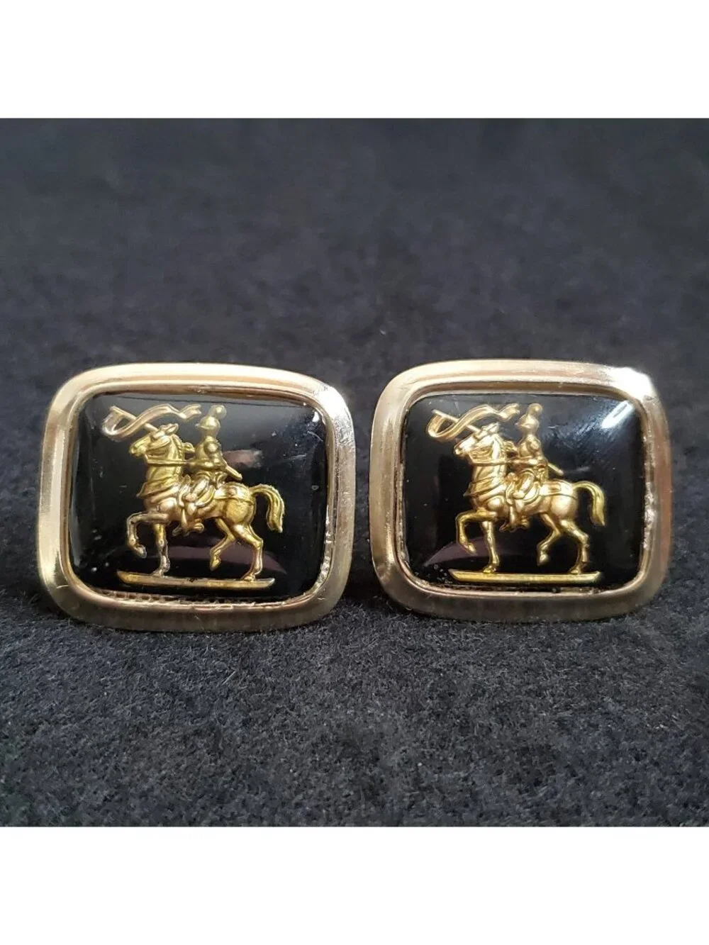 Vintage Warrior Cufflinks Gold Tone Black Equestrian 1.25
